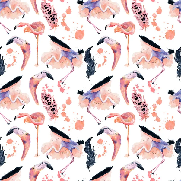 흰색 배경에 고립 된 수채화 플라밍고 원활한 패턴 — 스톡 사진