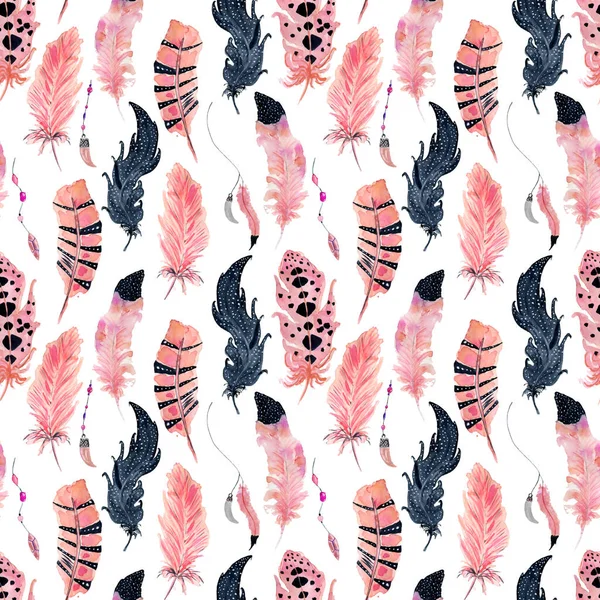 水彩のフラミンゴの羽の白い背景で隔離のシームレスなパターン — ストック写真