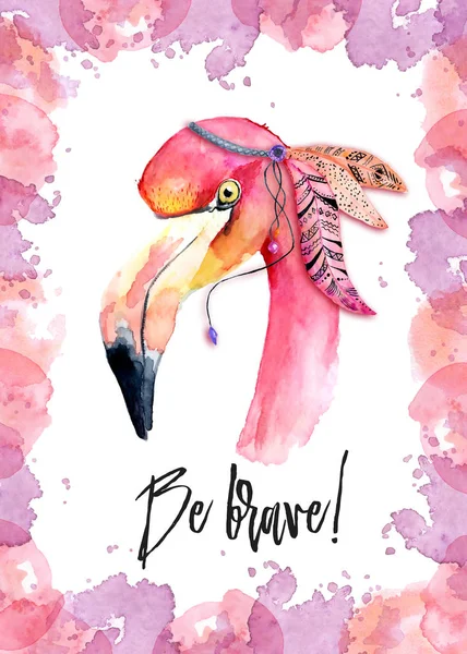 Aquarelle rose Flamant rose avec plumes et incription Soyez courageux — Photo