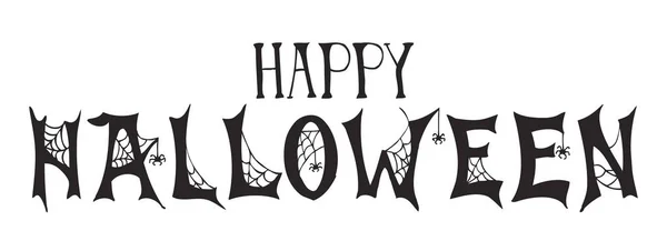 Halloween-Etikett mit handgezeichneten Spinnweben und Spinnen Vektor Illustration und Zitat "happy halloween — Stockvektor