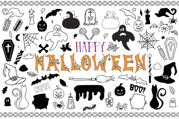 Sketchy vettore disegnato a mano Doodle cartone animato insieme di oggetti e simboli sul tema di Halloween — Vettoriale Stock