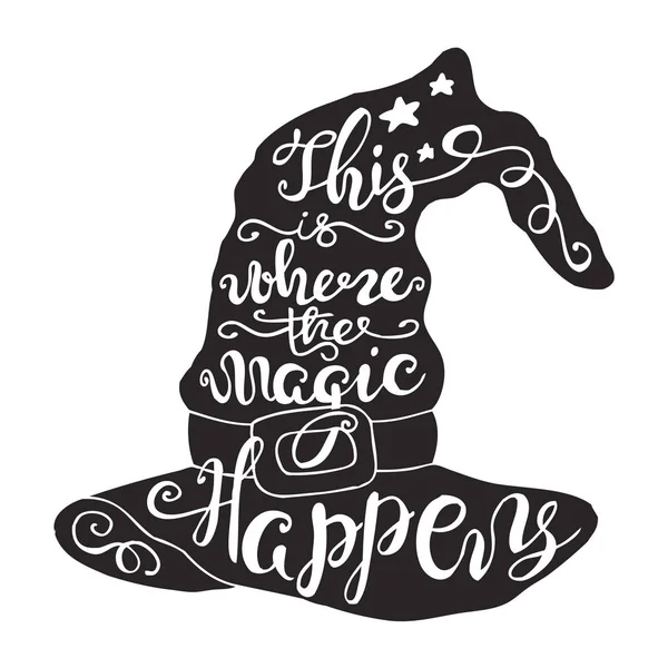 Silhouette cadı şapka vektör çizim ve teklif Halloween etiketi el ile çizilmiş