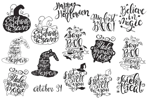 Set con etichette Halloween con illustrazioni vettoriali disegnate a mano e citazioni — Vettoriale Stock