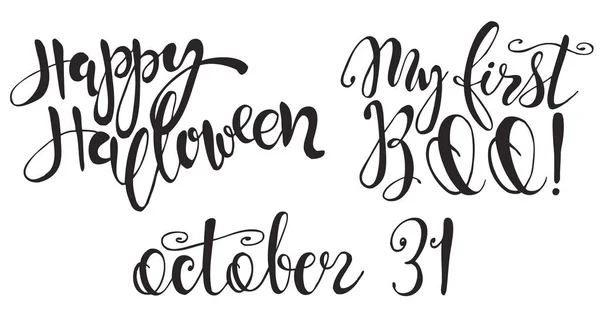 Set mit Halloween-Etiketten mit handgezeichneten Vektorinschriften und Zitaten — Stockvektor