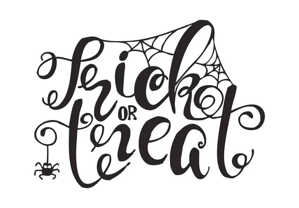 Halloween-Etikett mit handgezeichnetem Netz und Spinnenvektorillustration und Zitat "Trick or treat" — Stockvektor
