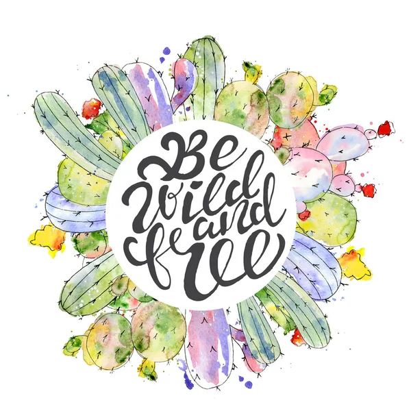 Watercolor cactus poster with brush lettering design — Stock Photo, Image