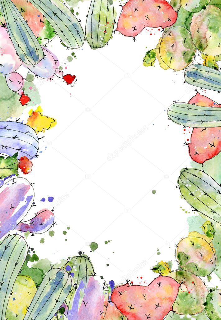 Tropical cactus arrangements, borders, frames watercolor cacti print 