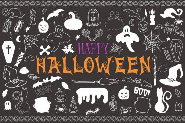 Yarım yamalak vektör el Doodle çizgi film dizi nesneler ve simgeler Cadılar Bayramı konulu çekilmiş.