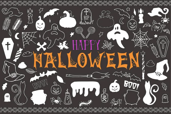 Yarım yamalak vektör el Doodle çizgi film dizi nesneler ve simgeler Cadılar Bayramı konulu çekilmiş.