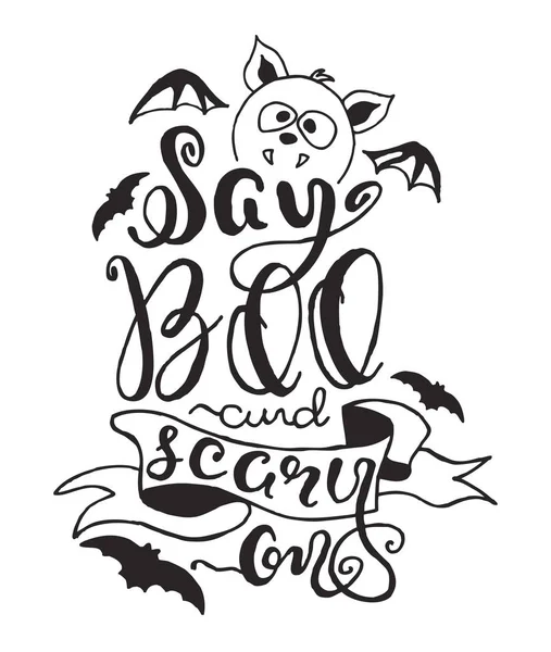 Etichetta di Halloween con illustrazione vettoriale di pipistrello disegnato a mano e citazione — Vettoriale Stock