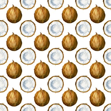 Tropikal egzotik meyve ile Seamless modeli. Hindistan cevizi dilim beyaz arka plan üzerinde