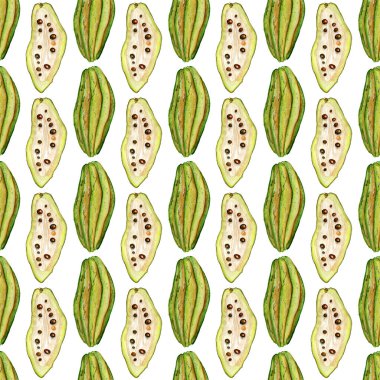 Tropikal egzotik fruits.cocoa meyve dilim beyaz arka plan üzerinde ile Seamless Modeli