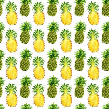 Tropikal egzotik meyve ile Seamless modeli. Beyaz arka plan üzerinde dilim ananas