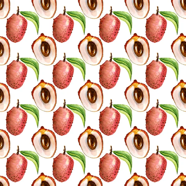 Modello senza cuciture con frutti esotici tropicali. fetta di litchi su sfondo whiye — Foto Stock