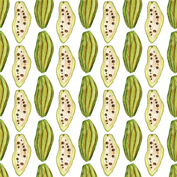 Tropikal egzotik fruits.cocoa meyve dilim beyaz arka plan üzerinde ile Seamless Modeli