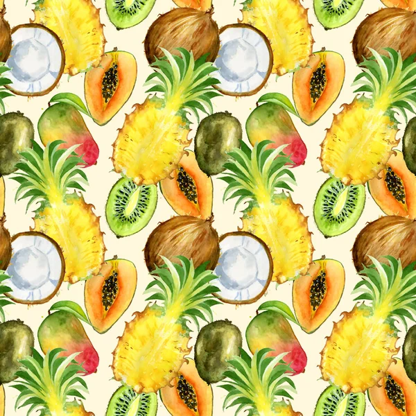 Modello senza cuciture con frutti esotici tropicali. kiwi, mango, ananas e fetta di cocco — Foto Stock