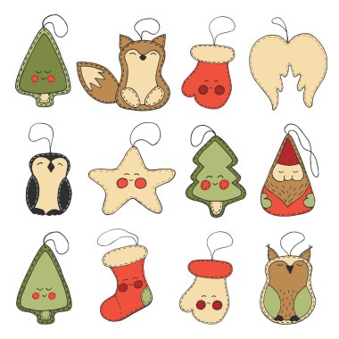 Noel vektör el sevimli çizgi Noel oyuncaklar ile çizilmiş seti