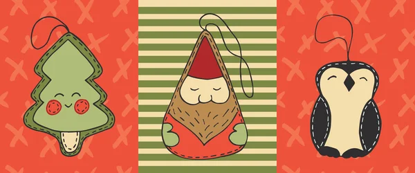 Weihnachtskarten-Set mit niedlichen Cartoon-Weihnachtsspielzeug, Baum, Pinguin, Weihnachtsmann — Stockvektor
