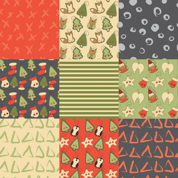 Conjunto de juguetes de Navidad con dibujos animados lindos patrones sin costura — Vector de stock
