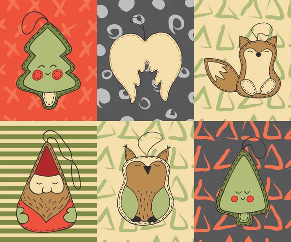 Conjunto de tarjetas de Navidad con lindos juguetes de Navidad de dibujos animados, árbol, alas de ángel, zorro, santa claus — Vector de stock