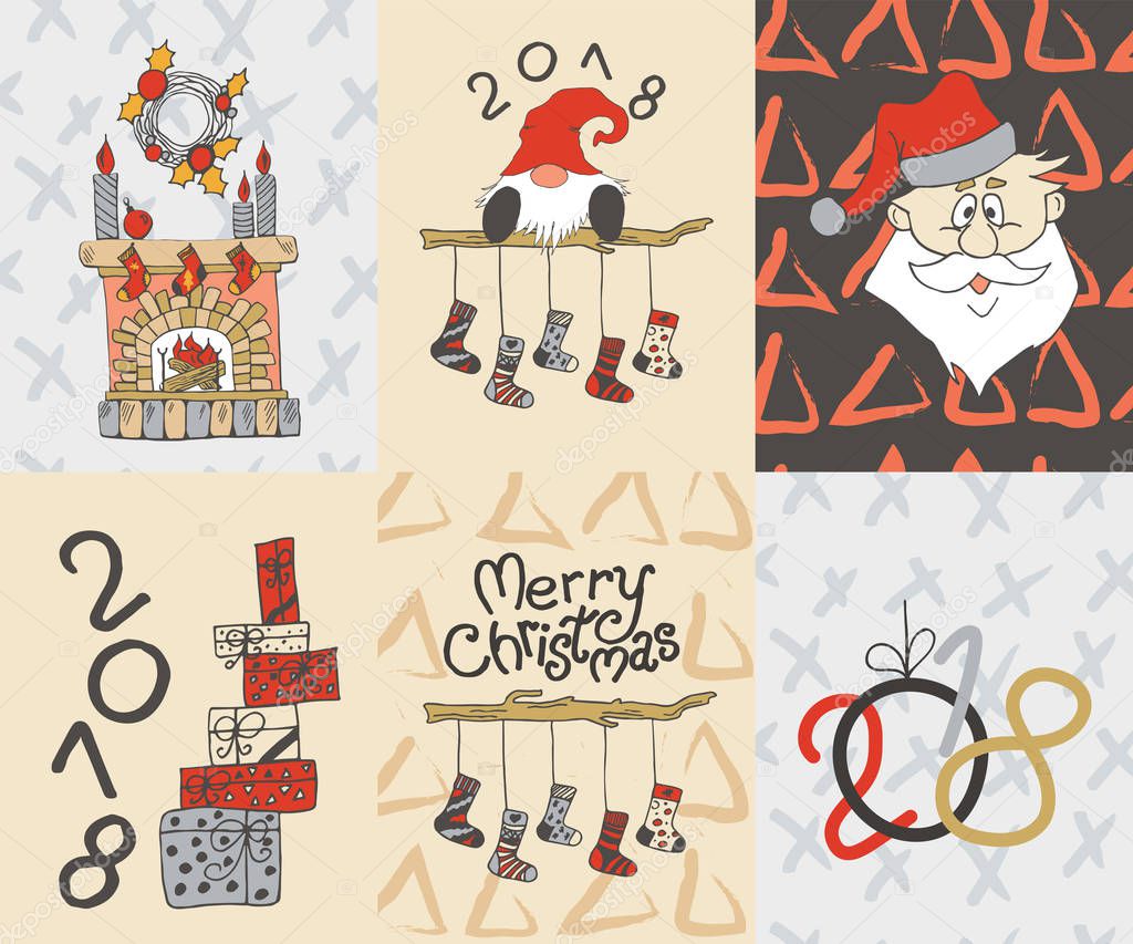 Merry Christmas cards set. Happy New Year, 2018