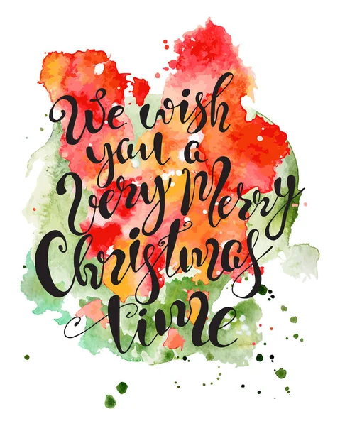 Kerst belettering hand citaat op kleurrijke aquarel splash achtergrond getekend. Afdrukken voor kaart en afdrukken. — Stockvector