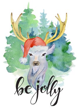 Merry christmas illüstrasyon geyik Santa şapka suluboya elinde çizilmiş