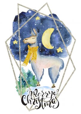 Sarı atkı suluboya elinde şirin lama alıntı yazı merry christmas illüstrasyon çizilmiş