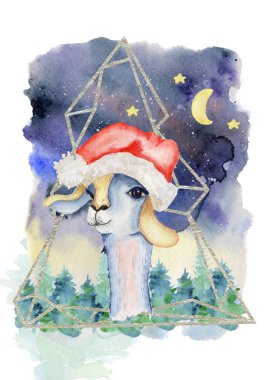 Merry christmas illüstrasyon bebek lama Santa şapka suluboya elinde çizilmiş
