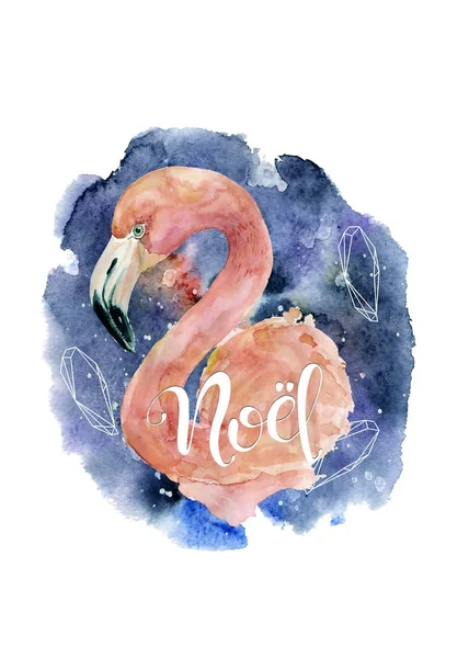 Pink flamingo with inscription noel watercolor hand drawn merry christmas illustration