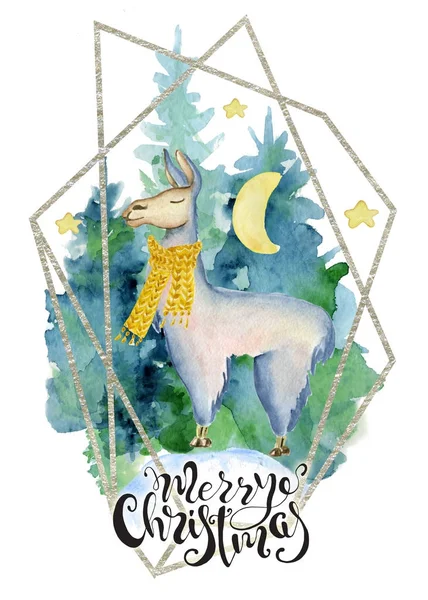 Милый лама в зеленом шарфе с акварелью, нарисованный от руки весёлой рождественской иллюстрацией — стоковое фото