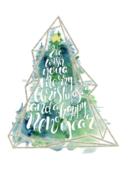 Árvore de abeto verde cartão de aquarela com citação lettering Desejamos-lhe um casamento natal e um feliz Ano Novo — Fotografia de Stock