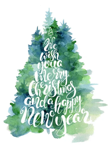 Groene fir tree aquarel kaart met belettering offerte, wij wensen u een marry Kerstmis en een gelukkig Nieuwjaar — Stockfoto