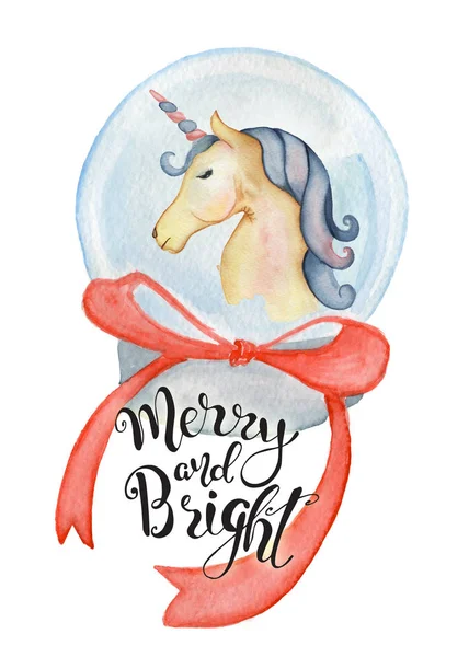 Roztomilý jednorožec uvnitř vánoční koule akvarel rukou kreslené veselé vánoční obrázek — Stock fotografie