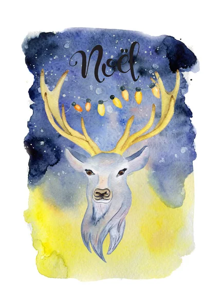 Cerf avec guirlande sur cornes aquarelle dessinée à la main joyeux Noël illustration — Photo