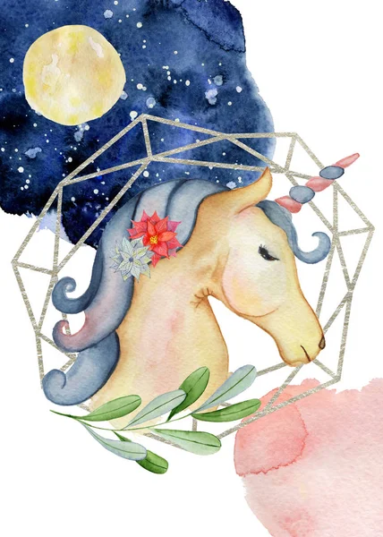 Lindo unicornio acuarela dibujado a mano Feliz Navidad ilustración con el cielo nocturno y la luna — Foto de Stock