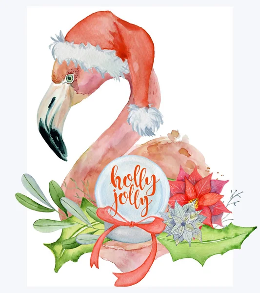 Karácsonyi rózsaszín flamingó akvarell illusztráció, virág csokor és idézet Holly jolly — Stock Fotó