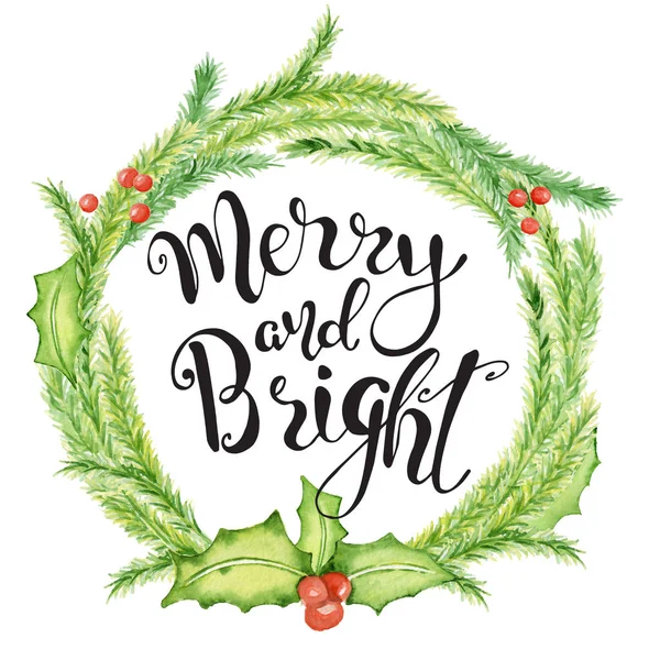 Vrolijk aquarel Kerstkaart met florale winter elementen. Happy New Year belettering offerte Merry en Bright — Stockfoto