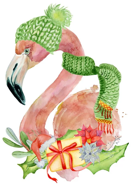 Flamingo rosa navideño en sombrero verde ilustración acuarela — Foto de Stock