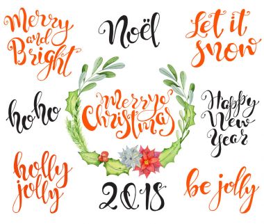 Neşeli Noel yazı tasarım çiçek kış çelenk Happy New Year, 2018 ile ayarla