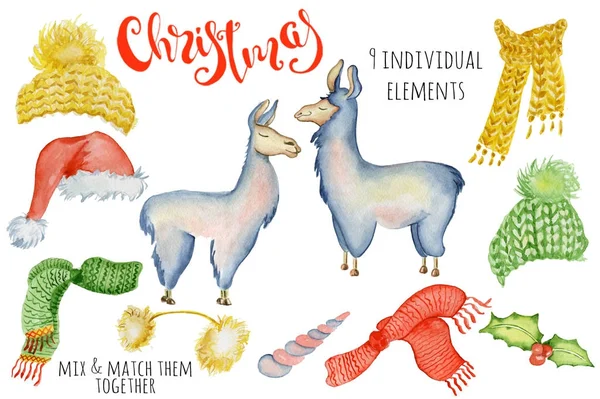 Cute Christmas lama watercolor creator Winter illustration with decorations alpaca — Stock Photo, Image