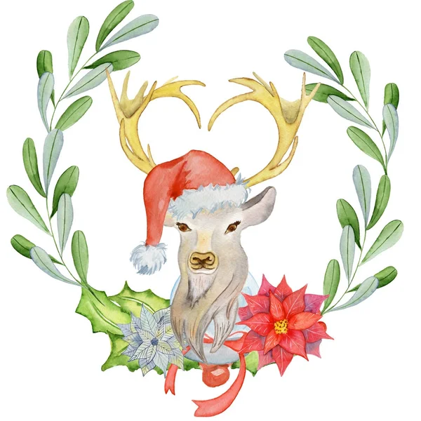 Weihnachten Hirsch in Weihnachtsmütze Aquarell-Illustration mit floralen Kränzen — Stockfoto