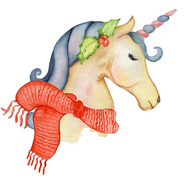 Cute Christmas unicorns watercolor set Winter illustration — Stock Photo, Image