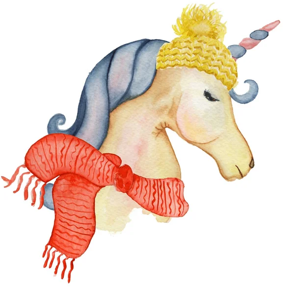 Cute Christmas unicorns watercolor set Winter illustration — Stock Photo, Image