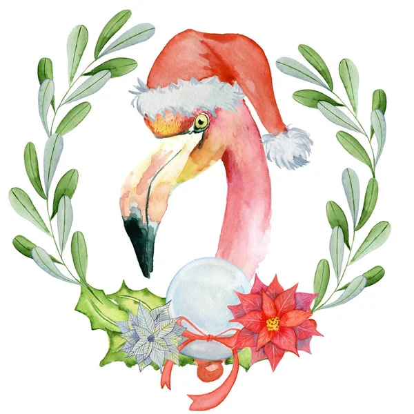 Flamingo rosa de Natal em santa chapéu aquarela ilustração — Fotografia de Stock