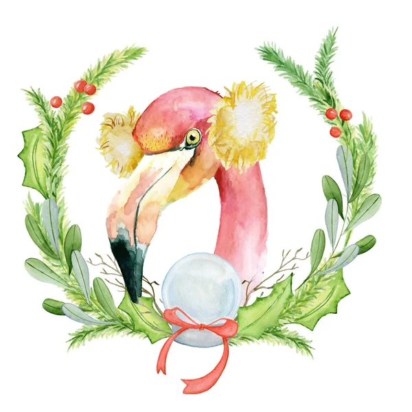 Vánoční růžový plameňák akvarel obrázku s květinové věnce — Stock fotografie