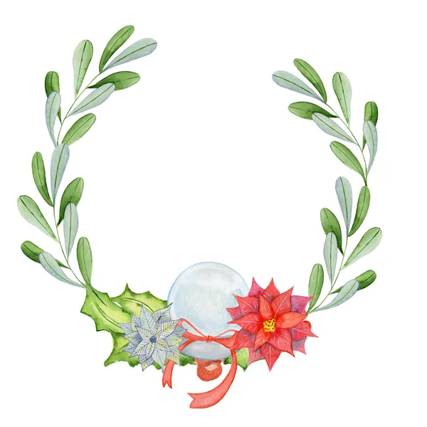 Feliz Natal coroas aquarela com elementos florais de inverno. Cartão de Ano Novo feliz, cartazes. Flores, ramos de abeto e ramos de visco — Fotografia de Stock