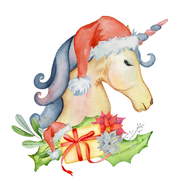 Cute Christmas unicorns watercolor set Winter illustration — Stock Photo, Image