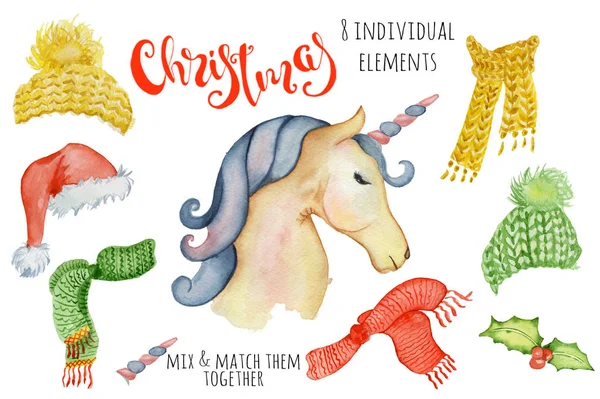 Cute Christmas unicorns watercolor creator Winter illustration with decorations — Stock Photo, Image