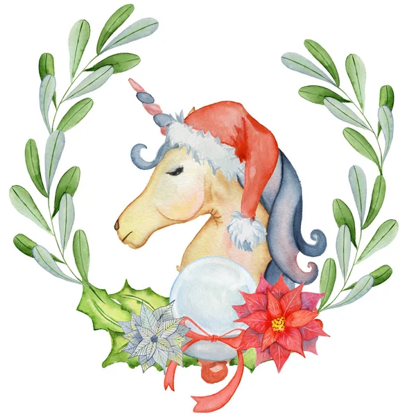 花の花輪とサンタ帽子とクリスマス水彩ユニコーン — ストック写真